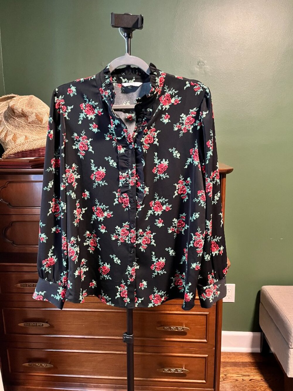 Black Floral Blouse Long Sleeves with Red Roses